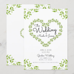 Green Heart Leaves Shabby Chic Greenery Wedding Invitation