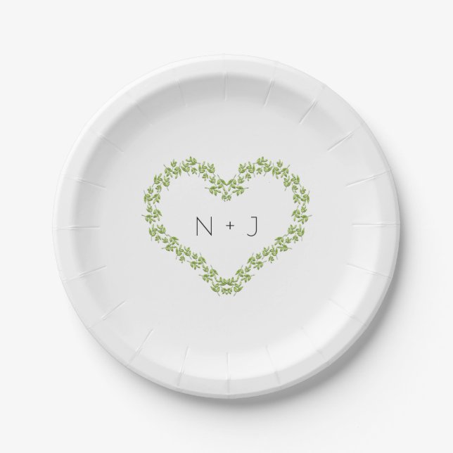 Green Heart Leaves Shabby Chic Greenery Wedding Paper Plate (Front)