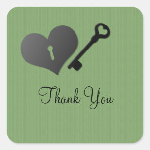 Green Heart Lock and Key Thank You Stickers
