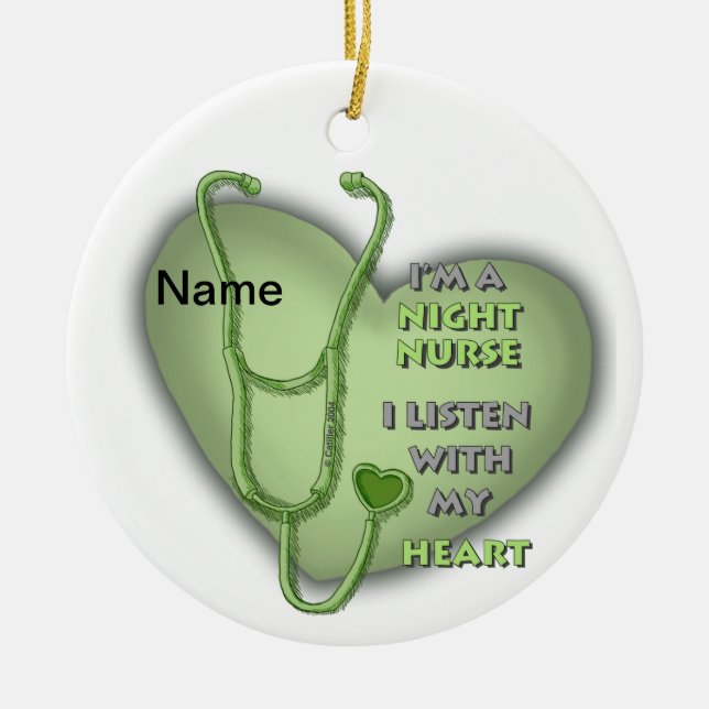 Green Heart Night Nurse Ceramic Ornament (Front)