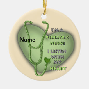 Green Heart Pediatric Nurse Ceramic Ornament