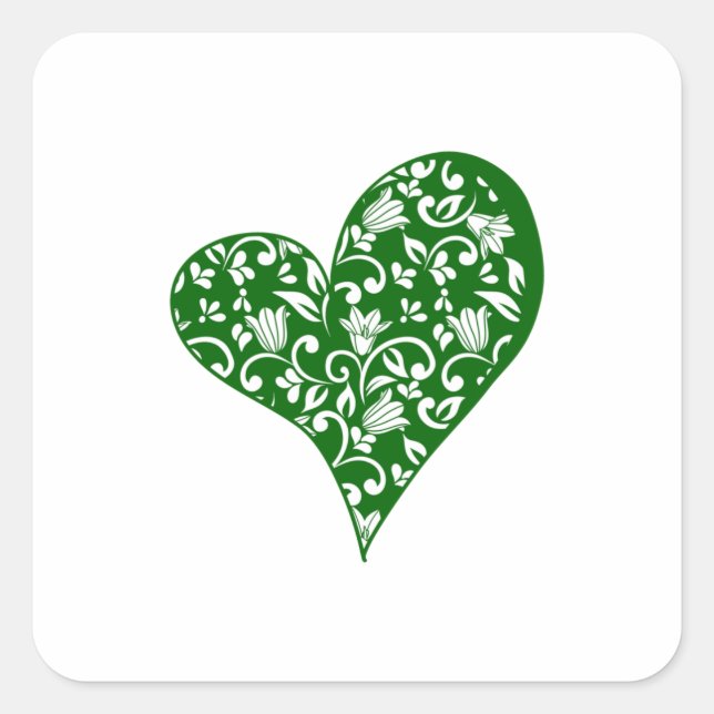 Green Heart with Flowers and Vines Square Sticker (Front)