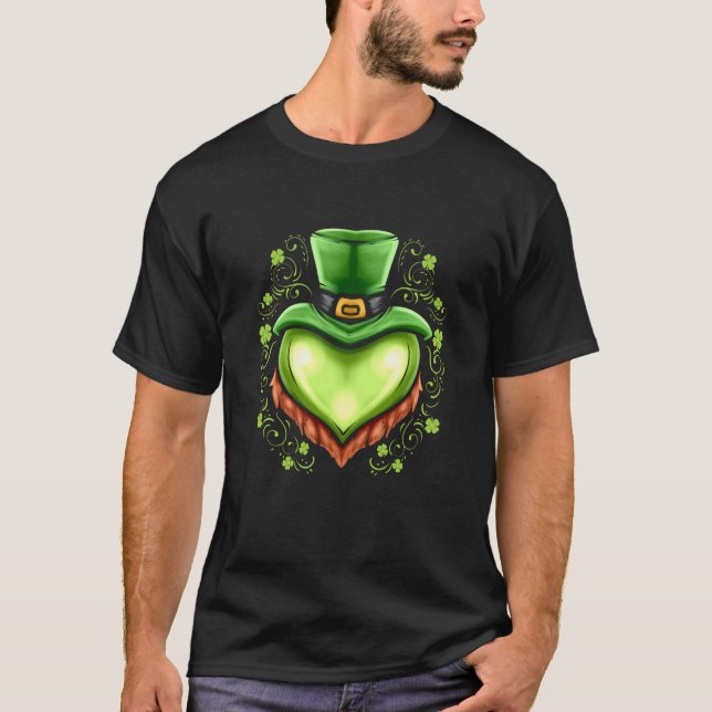 Green Heart With Hat Beard Shamrocks On St Patrick T-Shirt (Front)