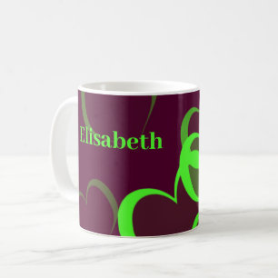 green hearts in purple coffee mug