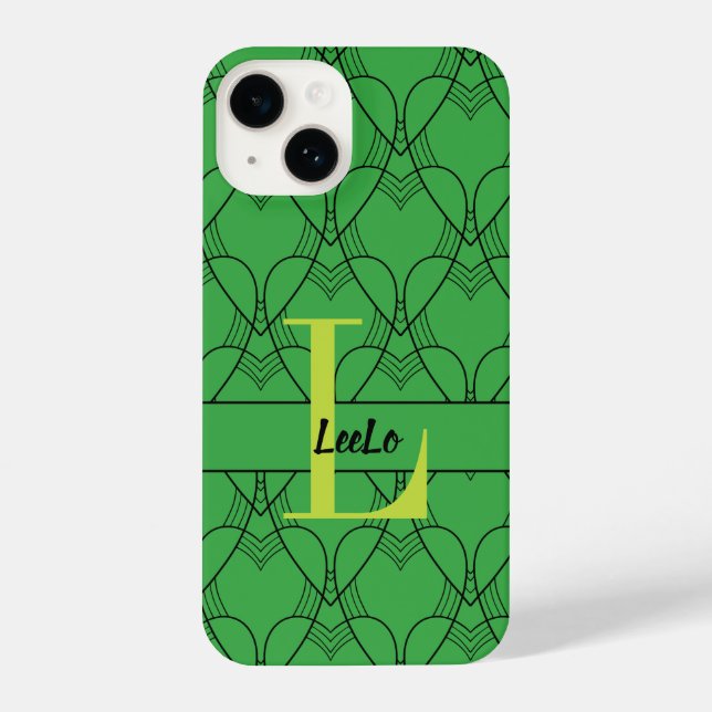 Green Hearts Pattern Monogram and Name Custom iPhone Case (Back)