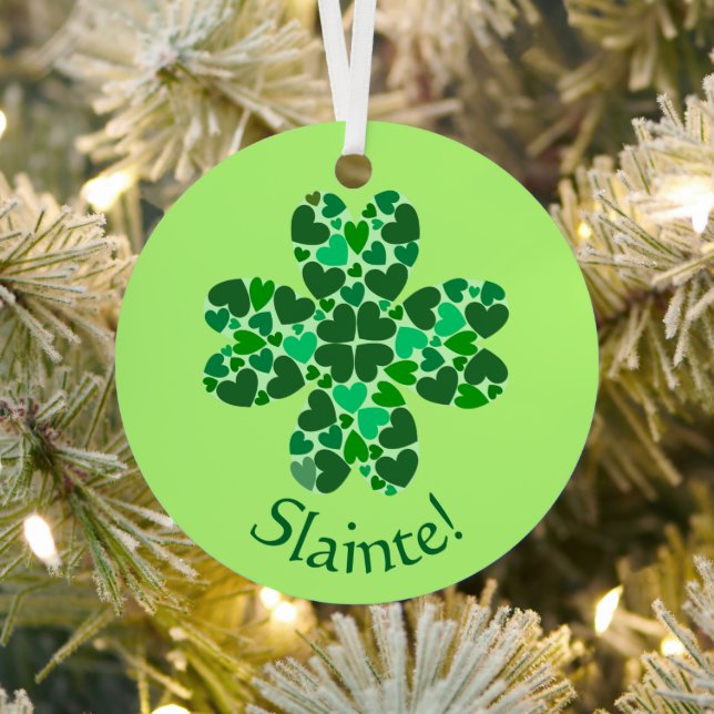 Green Hearts Shamrock St. Patrick's Customizable Metal Ornament (Insitu)