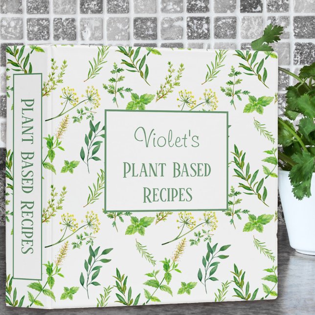 Green Herb Leaves Personalized Plant Based Recipe Binder (Kitchen recipe binder with fresh herb design)