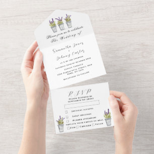 Green Herbs Watercolor Purple Lavender Wedding   All In One Invitation