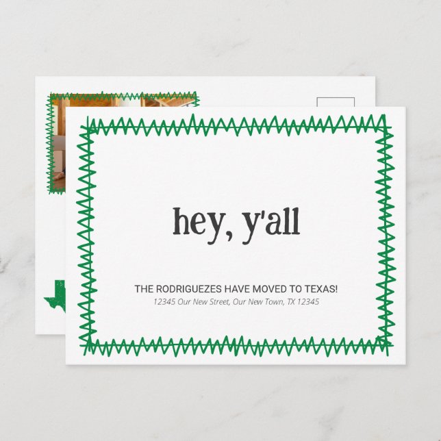 Green Hey Y'all - Moved to Texas Postcard (Front/Back)