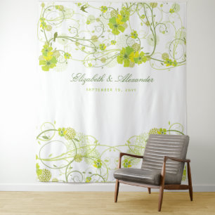 Green Hibiscus & Swallows Floral Wedding Backdrop Tapestry
