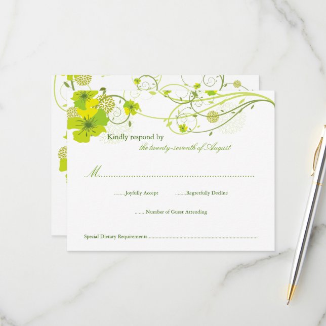 Green Hibiscus Swirls & Swallows Floral Wedding RSVP Card (Front/Back In Situ)