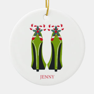 Green High Heels with Candy Canes Ceramic Ornament