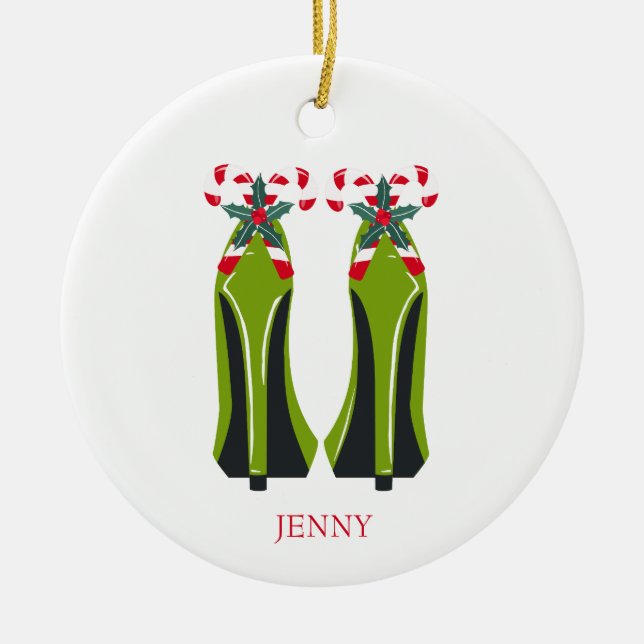 Green High Heels with Candy Canes Ceramic Ornament (Front)