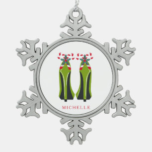 Green High Heels with Candy Canes Snowflake Pewter Christmas Ornament