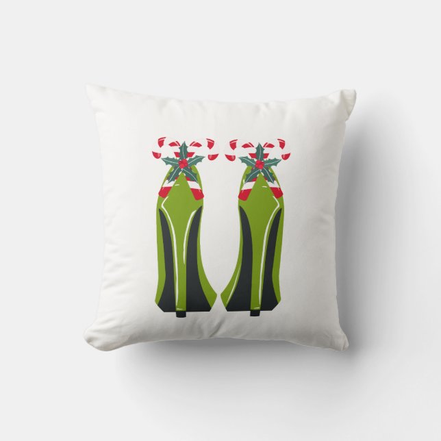 Green High Heels with Candy Canes Throw Pillow (Front)
