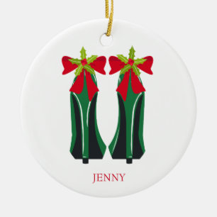 Green High Heels with Christmas Bows Ceramic Ornament