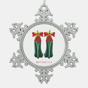 Green High Heels with Christmas Bows Snowflake Pewter Christmas Ornament