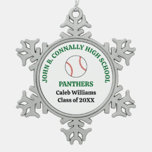 Green High School Baseball Player Personalized Snowflake Pewter Christmas Ornament