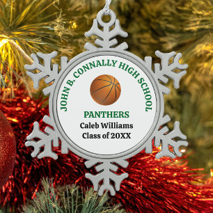 Green High School Basketball Player Personalized Snowflake Pewter Christmas Ornament