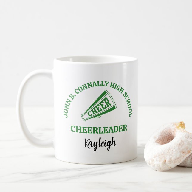 Green High School Cheerleader Personalized Coffee Mug (With Donut)