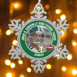 Green High School Football Player Photo Custom Snowflake Pewter Christmas Ornament<br><div class="desc">This cool customized high school football player photo Christmas ornament in green features white typography of your team and player name. Personalize with your athlete name next to the ball.</div>