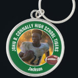 Green High School Football Player Photo Keychain<br><div class="desc">This cool customized green high school football player photo keychain features white typography of your team and player name. Personalize with your athlete name next to the ball.</div>
