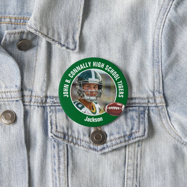 Green High School Football Player Photo Large Brag 3 Inch Round Button (In Situ)