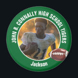 Green High School Football Player Photo Magnet<br><div class="desc">This cool customized high school football player photo spirit magnet in green features white typography of your team and player name. Personalize with your athlete name next to the ball.</div>