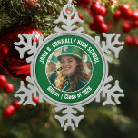 Green High School Marching Band Photo Gift Snowflake Pewter Christmas Ornament<br><div class="desc">This cool customized high school marching band photo features white typography of your team and player name on a green Christmas ornament keepsake gift. Personalize with your student's photograph and class year as a proud parent. A mom and dad can wear these buttons to competition and games.</div>