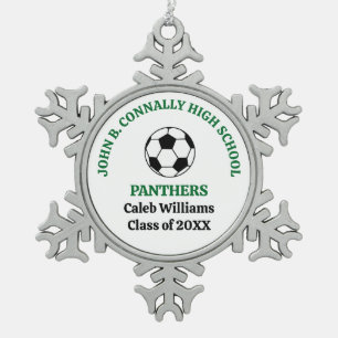 Green High School Soccer Team Personalized Snowflake Pewter Christmas Ornament