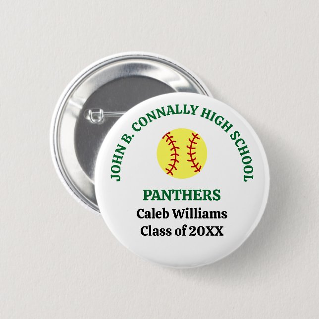Green High School Softball Player Personalized 2 Inch Round Button (Front & Back)