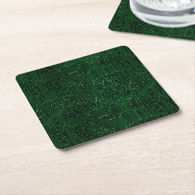 Green high tech chip technologies square paper coaster (Angled)