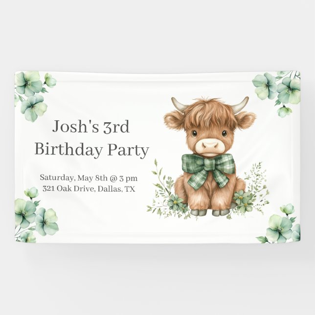 Green Highland Cow Birthday Party Banner (Horizontal)
