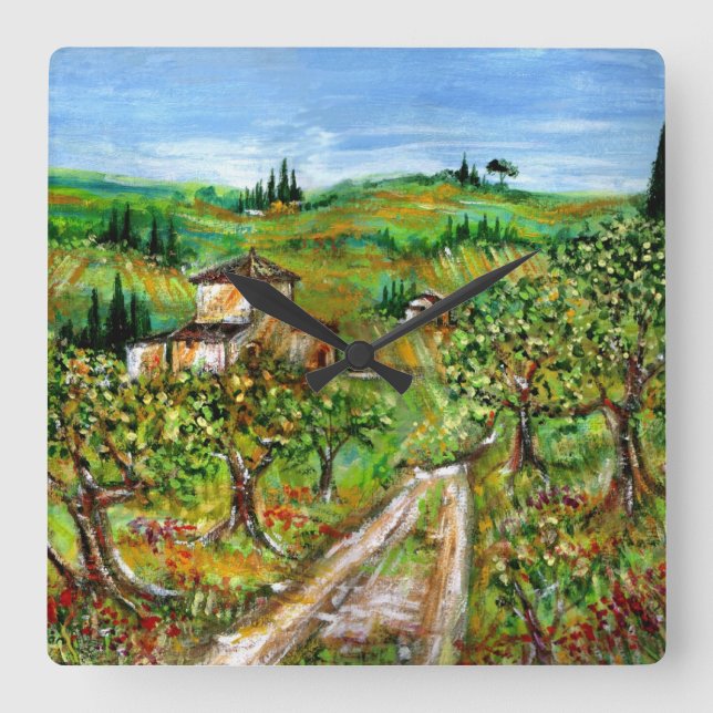GREEN HILLS AND OLIVE TREES IN TUSCANY LANDSCAPE SQUARE WALL CLOCK (Front)