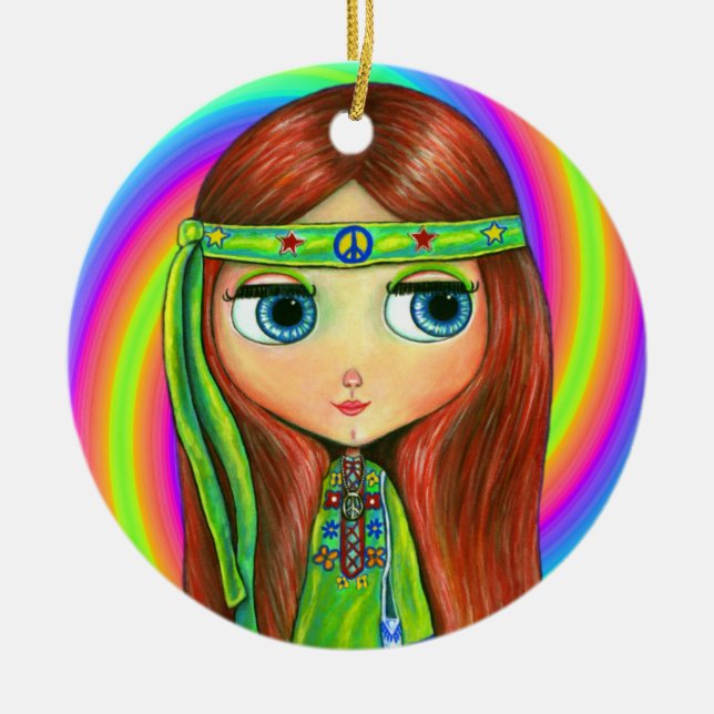 Green Hippie Doll Girl Peace Sign Headband Cute Ceramic Ornament (Front)