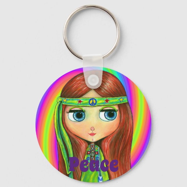 Green Hippie Doll Girl Peace Sign Headband Cute Keychain (Front)