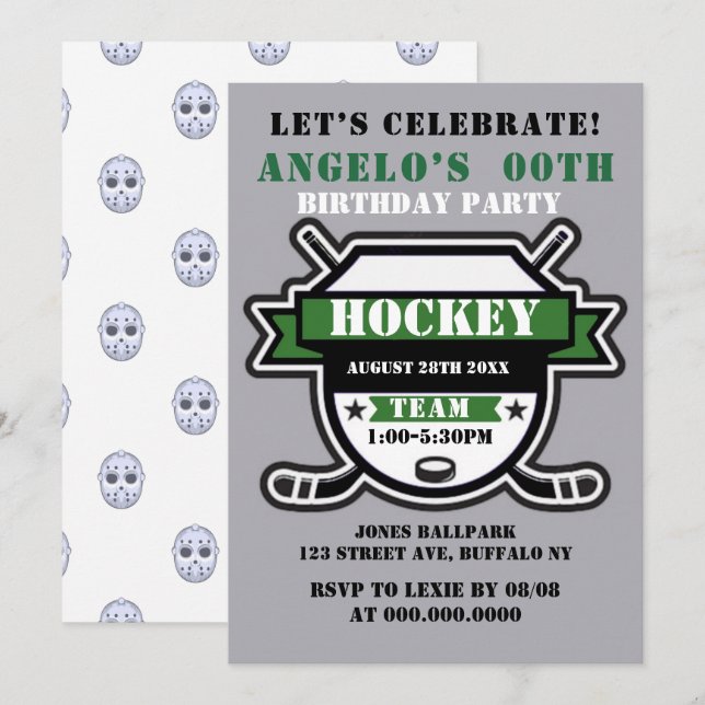 Green Hockey Theme Birthday Party Invites (Front/Back)