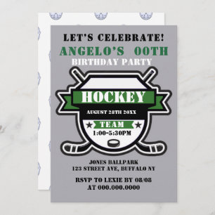 Green Hockey Theme Birthday Party Invites