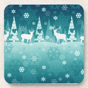Green Holiday Coasters Forest with Deer and Snow