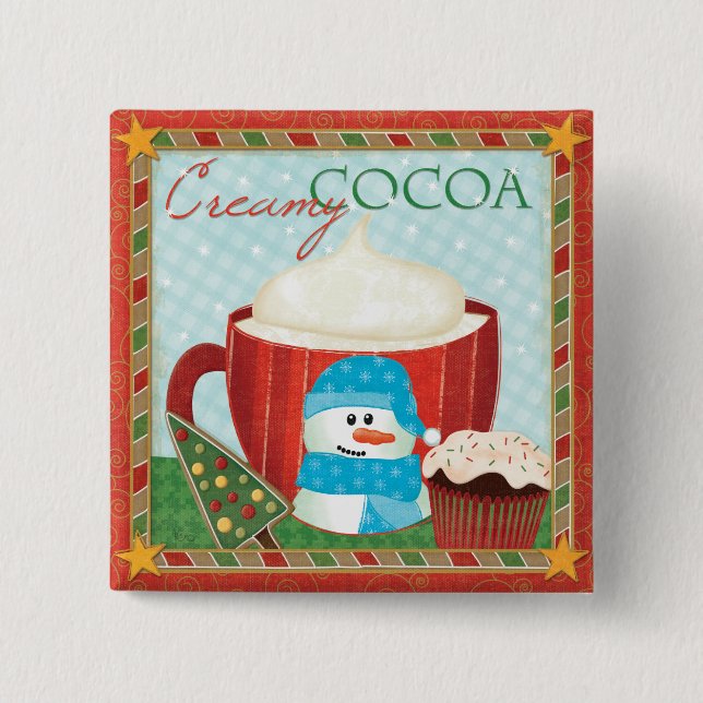 Green Holiday Cup with Hot Cocoa 2 Inch Square Button (Front)