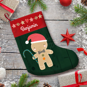 Green Holiday Gingerbread Boy Name Rustic Cute Small Christmas Stocking