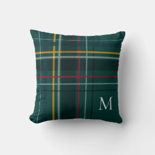 Green holiday plaid Christmas decor monogram Throw Pillow