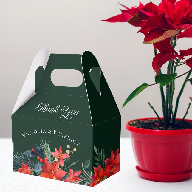 Green Holiday Poinsettia Floral Christmas Wedding Favor Box (Creator Uploaded)