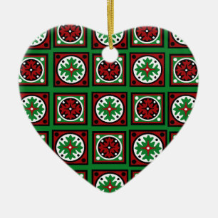Green Holiday Quilt Ceramic Ornament