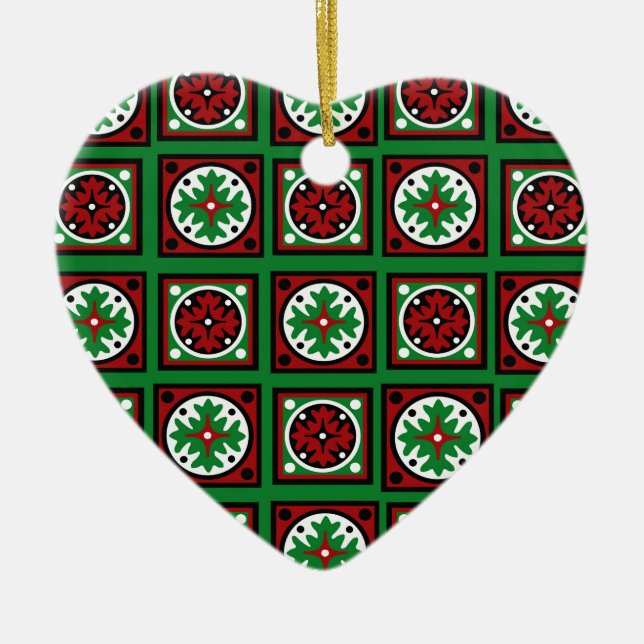 Green Holiday Quilt Ceramic Ornament (Front)