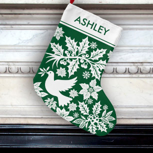 Green Holiday Toile Dove Holly and Poinsettia Large Christmas Stocking