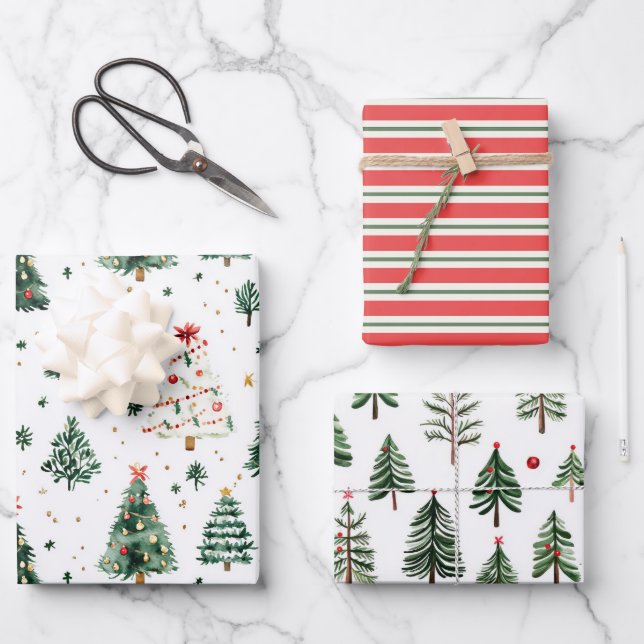 Green Holiday Tree Patterns with Red Stripes Wrapping Paper Sheet (Front)