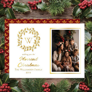 Green Holly and Berries Merriest Christmas  Foil Holiday Card