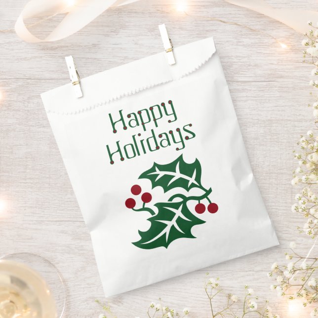 Green Holly and Red Berries Happy Holidays 50 Favour Bag (Clipped)