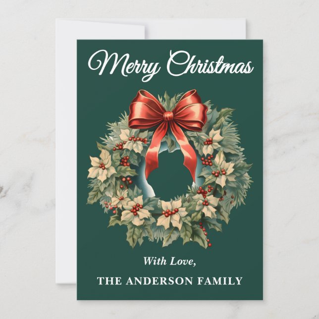 Green Holly Berry Christmas Wreath Holiday Card (Front)